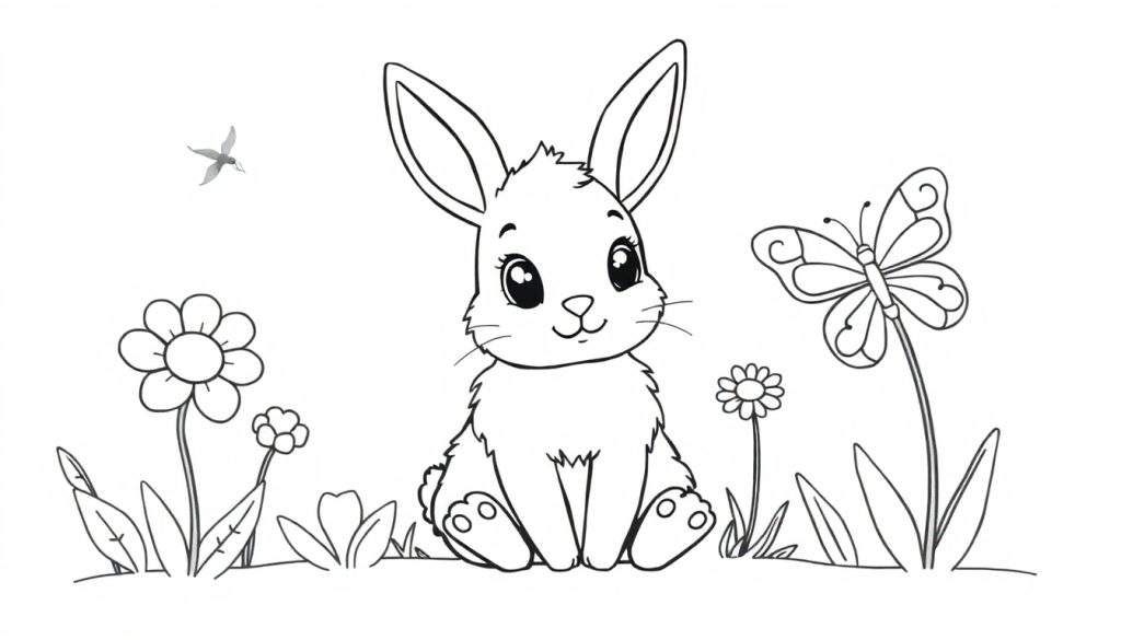 A cute bunny in a garden, surrounded by flowers and a butterfly, ready for a color panel.