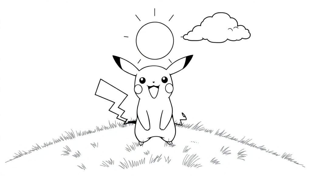 A black and white outline drawing of Pikachu with a big smile, ready for coloring. A sun and cloud are in the background of this color panel.