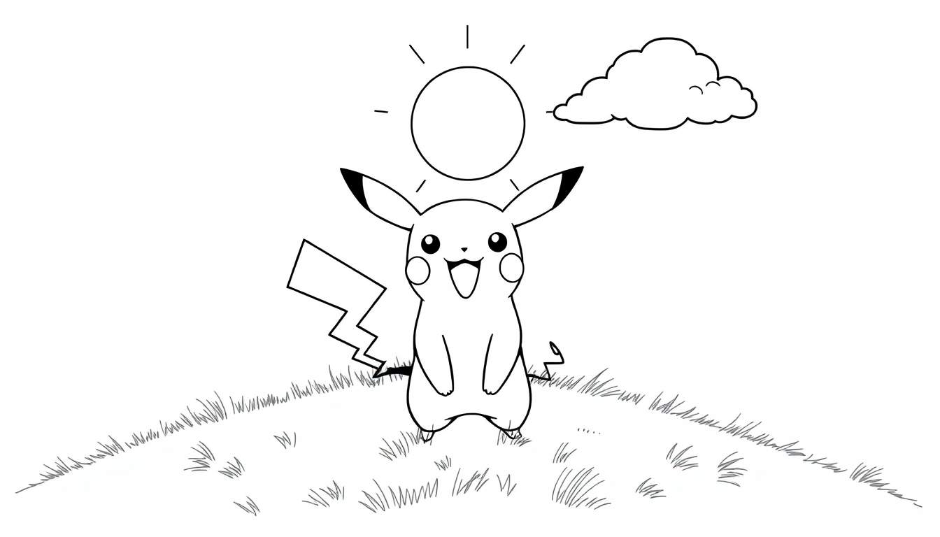 A black and white outline drawing of Pikachu with a big smile, ready for coloring. A sun and cloud are in the background of this color panel.