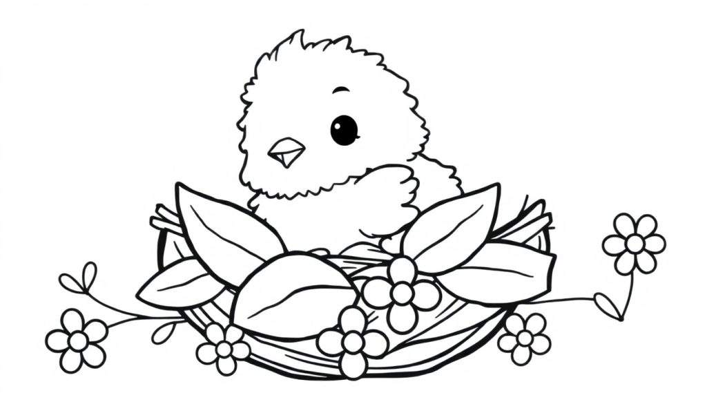 A black and white coloring page showing a cute chick in a nest with leaves and flowers, ready for color panel fun.