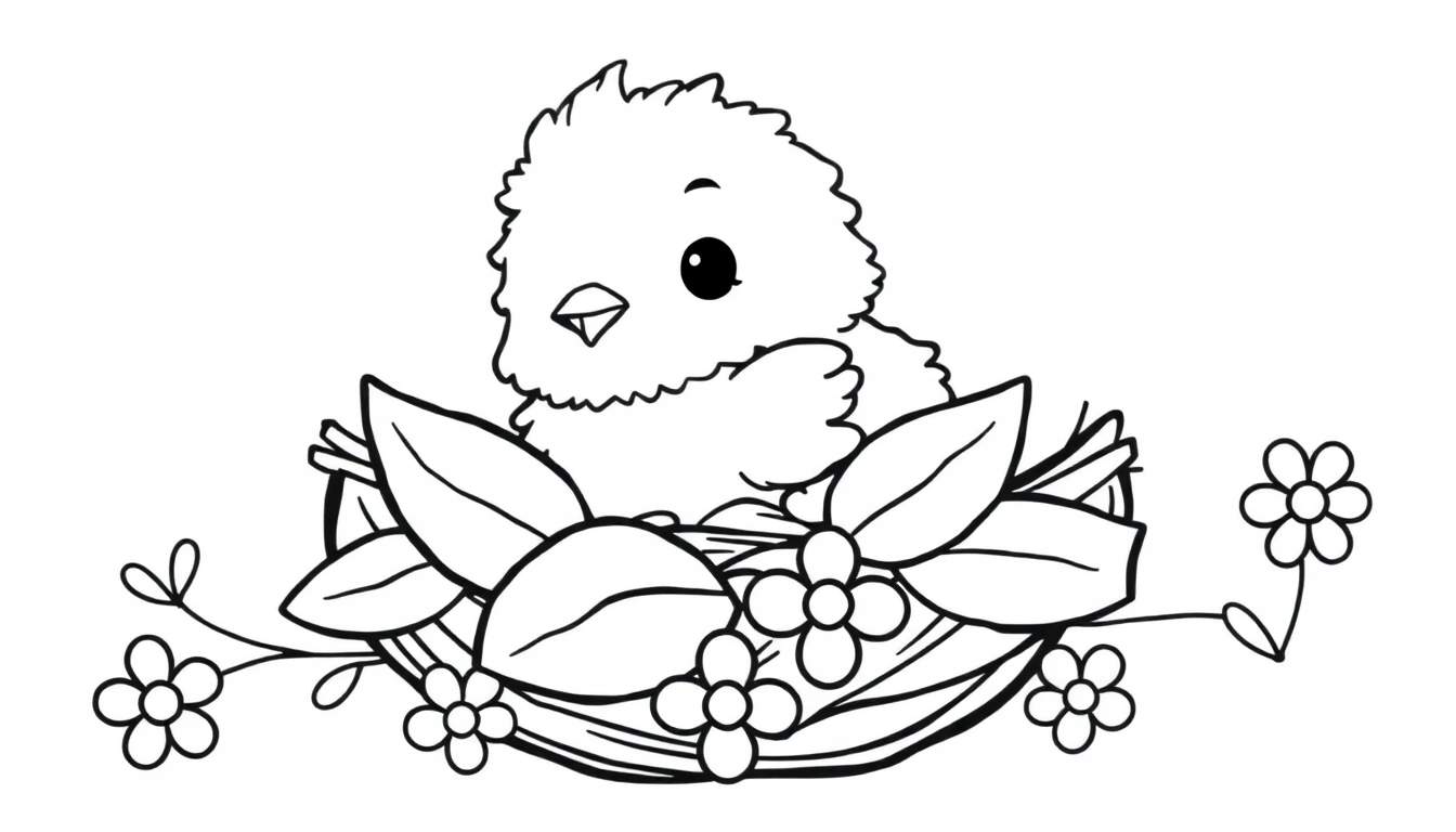 A black and white coloring page showing a cute chick in a nest with leaves and flowers, ready for color panel fun.
