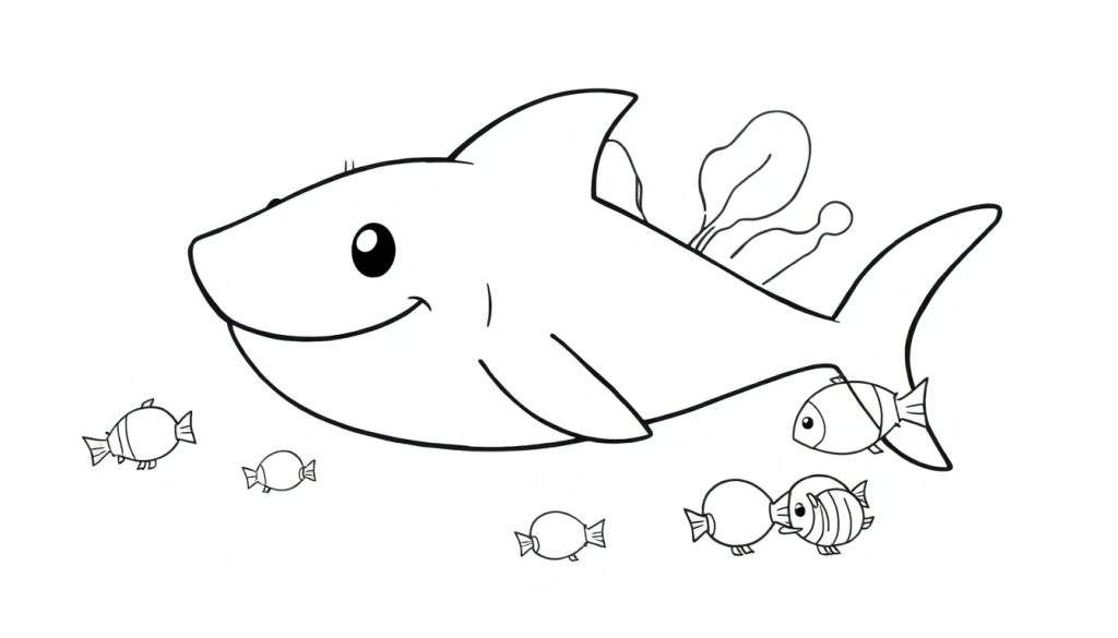 A cute black and white cartoon shark with friends, ready for a color panel adventure.