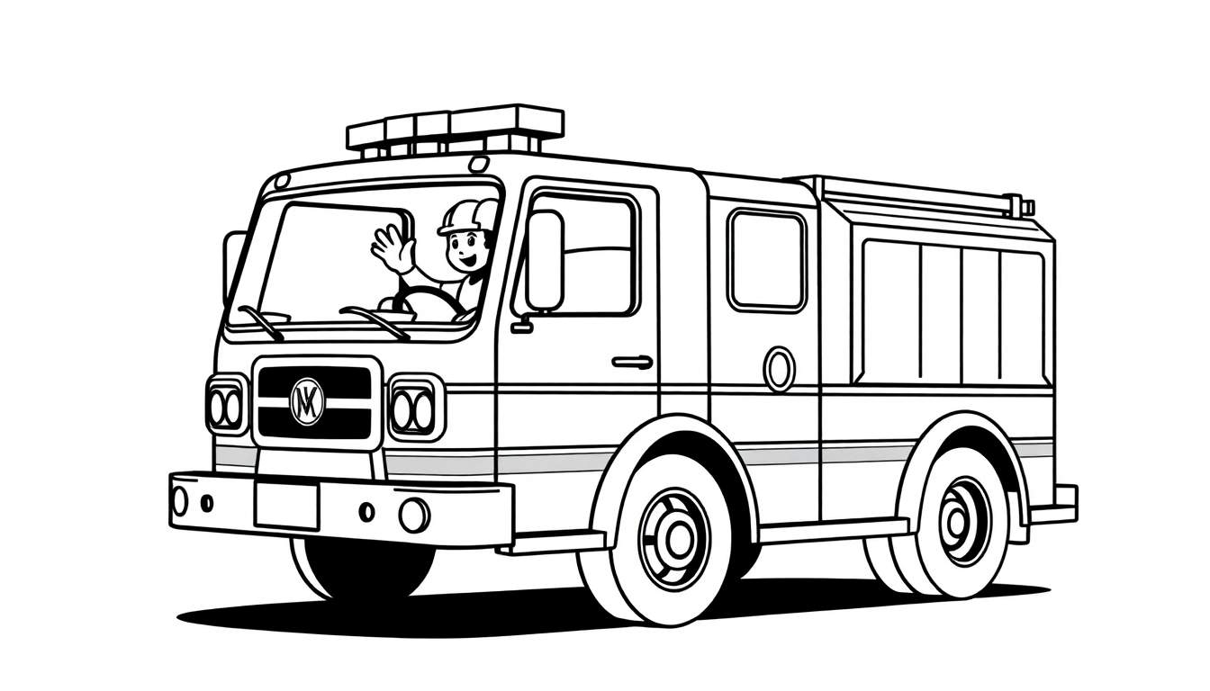 A cartoon black and white drawing of a fire truck with a friendly driver waving.