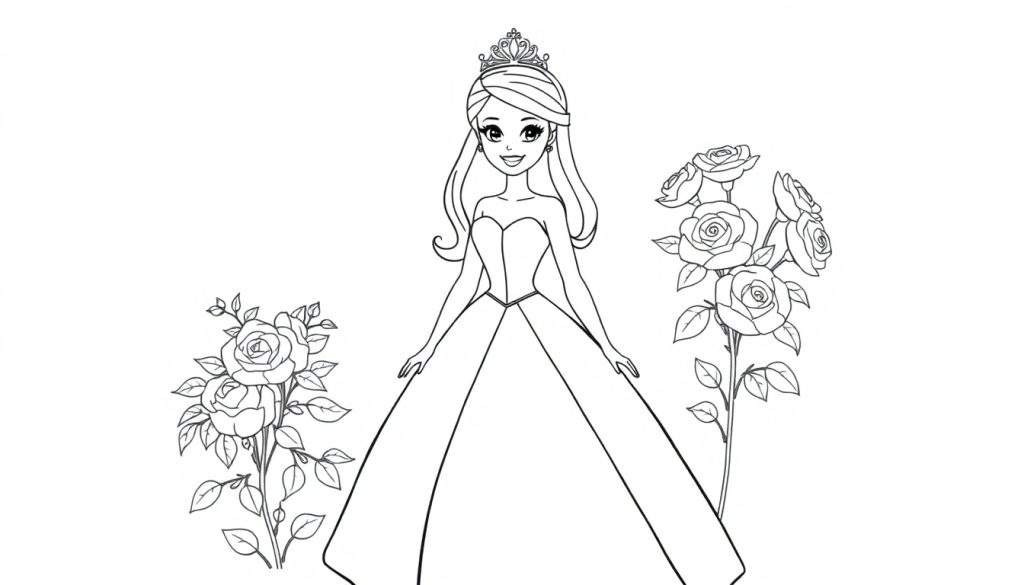 A cute princess coloring panel with a tiara and roses.