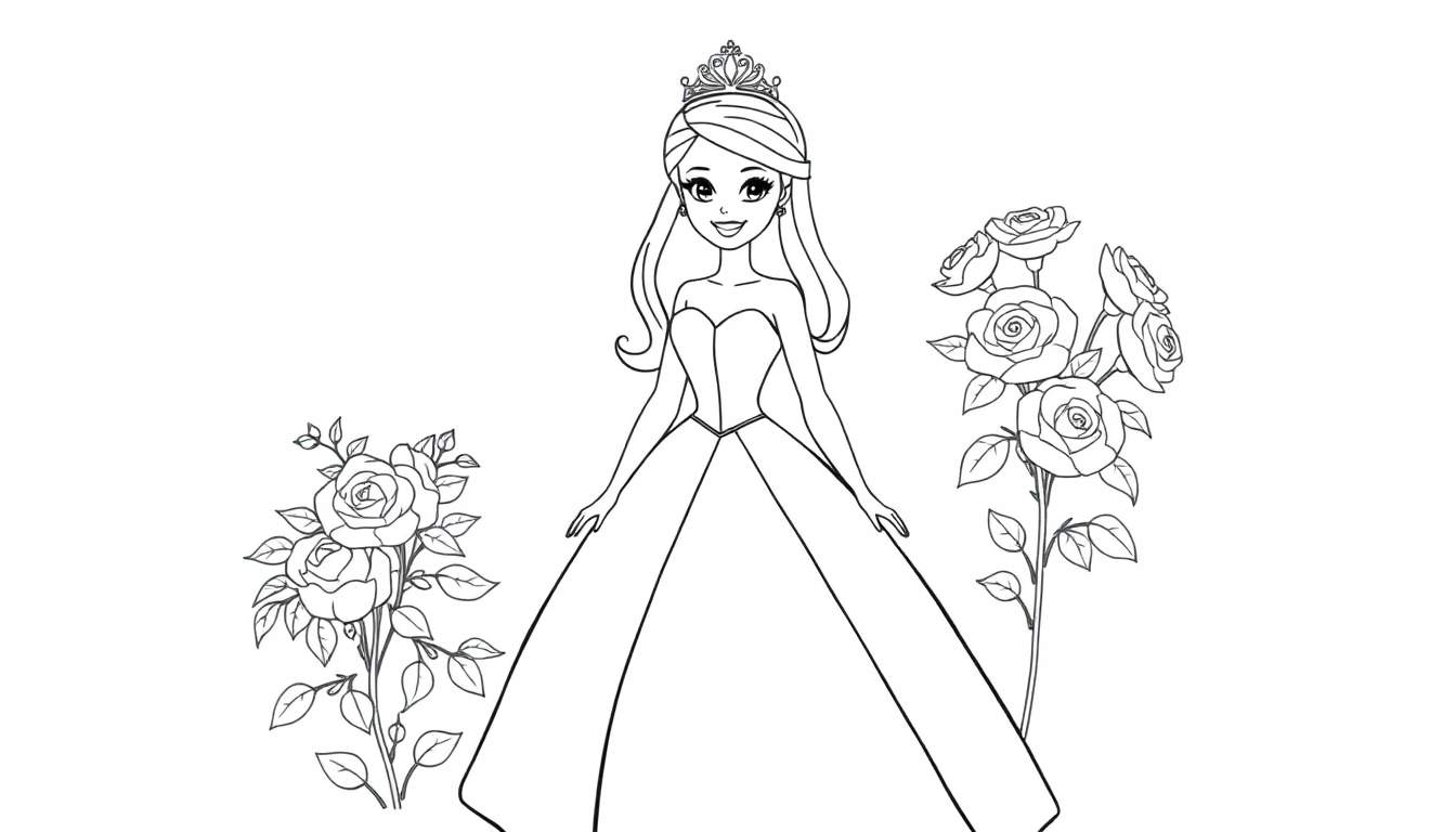 A cute princess coloring panel with a tiara and roses.