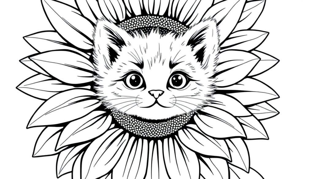 A cute cat peeking from a sunflower, ready for a color panel adventure.