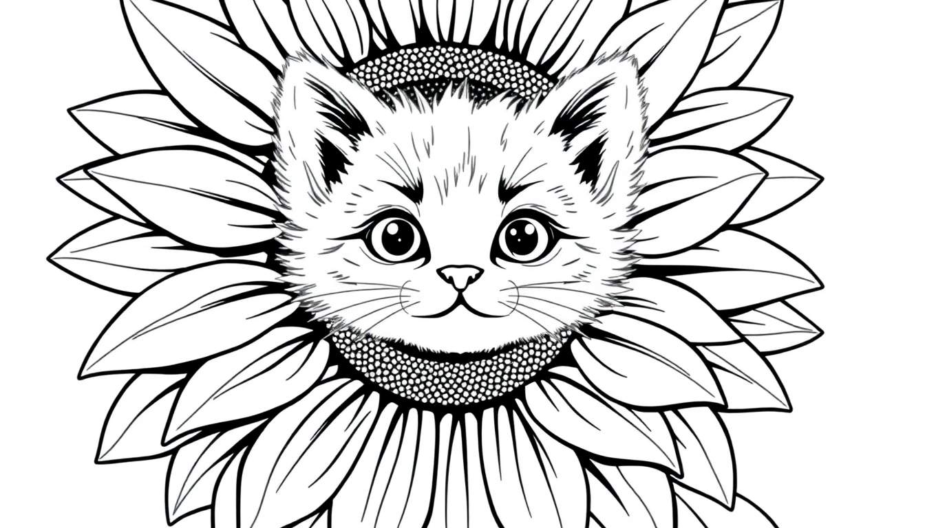 A cute cat peeking from a sunflower, ready for a color panel adventure.
