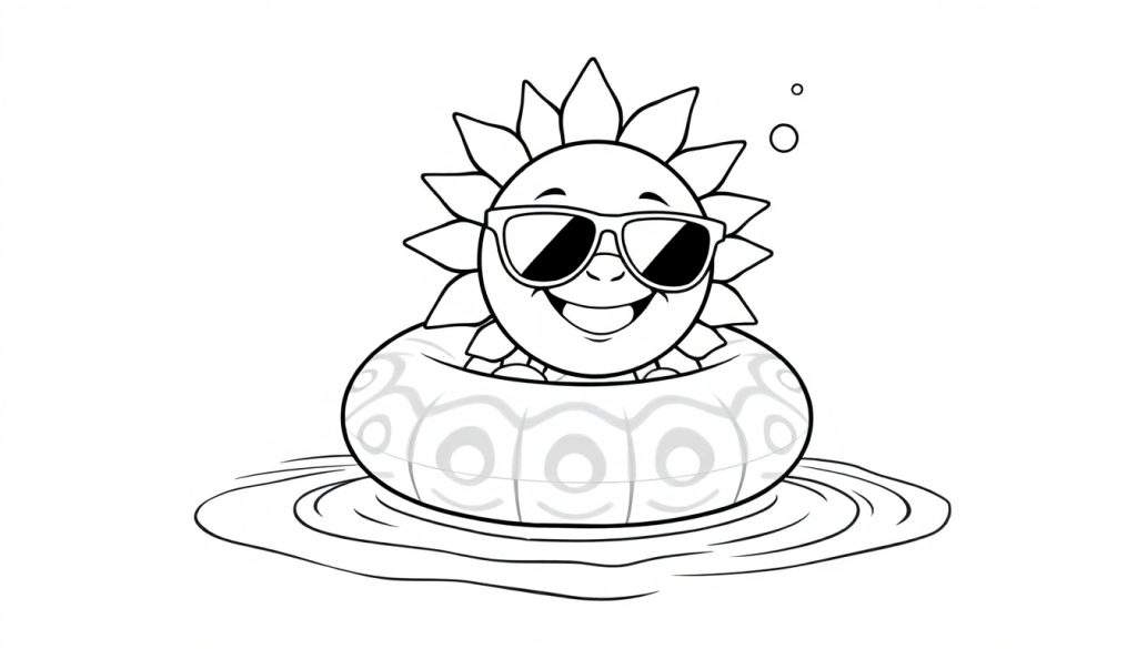 A cute black and white cartoon drawing of a happy sun wearing sunglasses, floating on an inflatable tube in a pool. This is a fun color panel for kids.