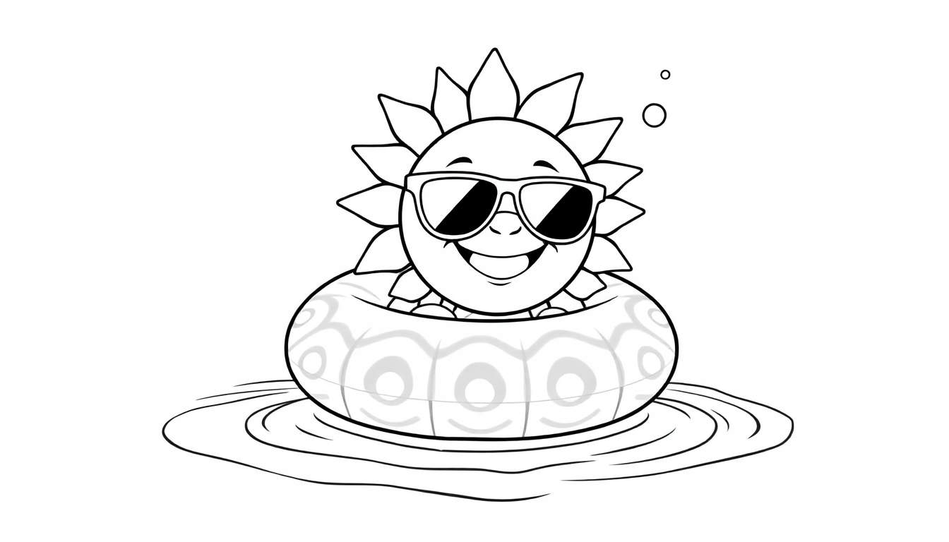 A cute black and white cartoon drawing of a happy sun wearing sunglasses, floating on an inflatable tube in a pool. This is a fun color panel for kids.