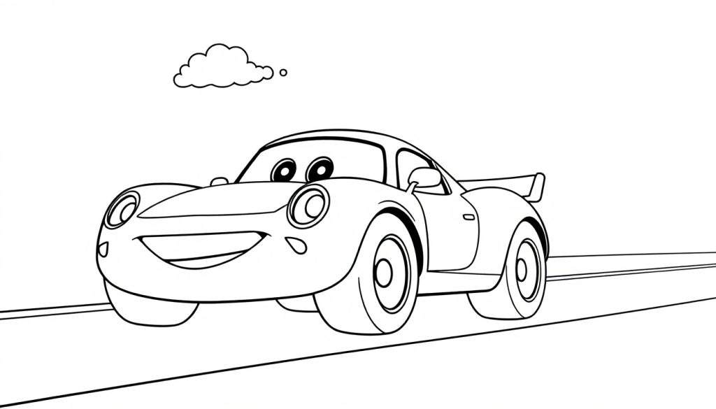 A cute cartoon race car in black and white, ready for the color panel, with big eyes and a smile.