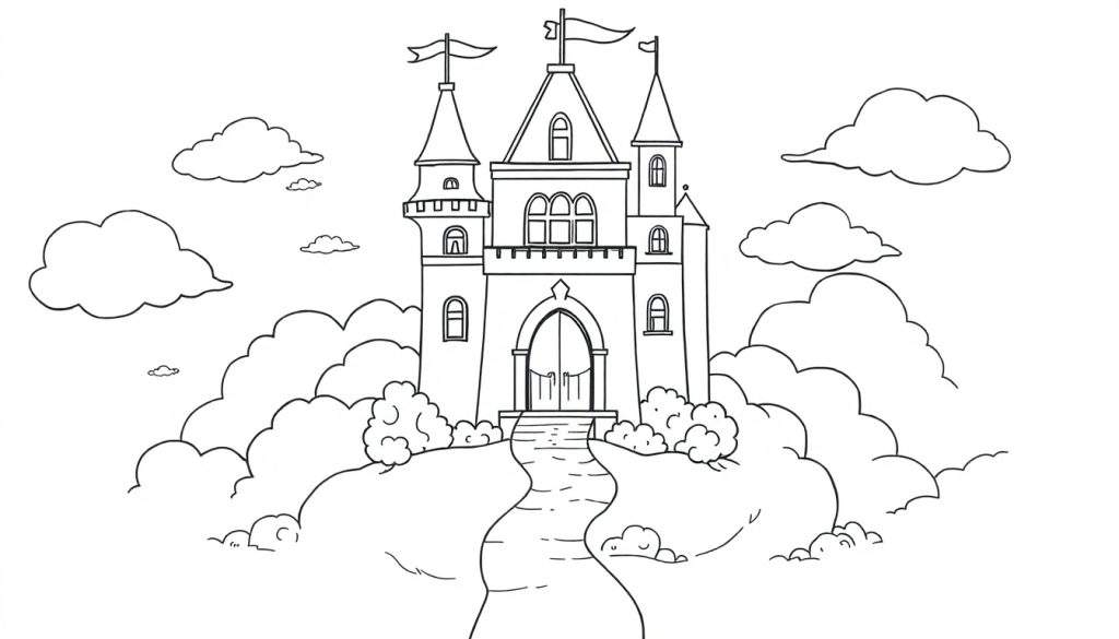 A black and white drawing of a fairytale castle on a hill, like a color panel for kids.