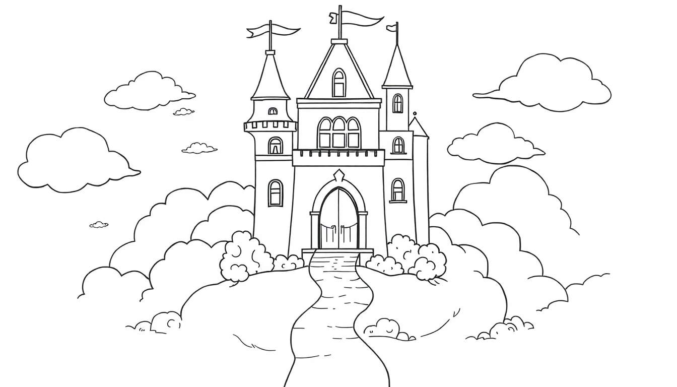 A black and white drawing of a fairytale castle on a hill, like a color panel for kids.