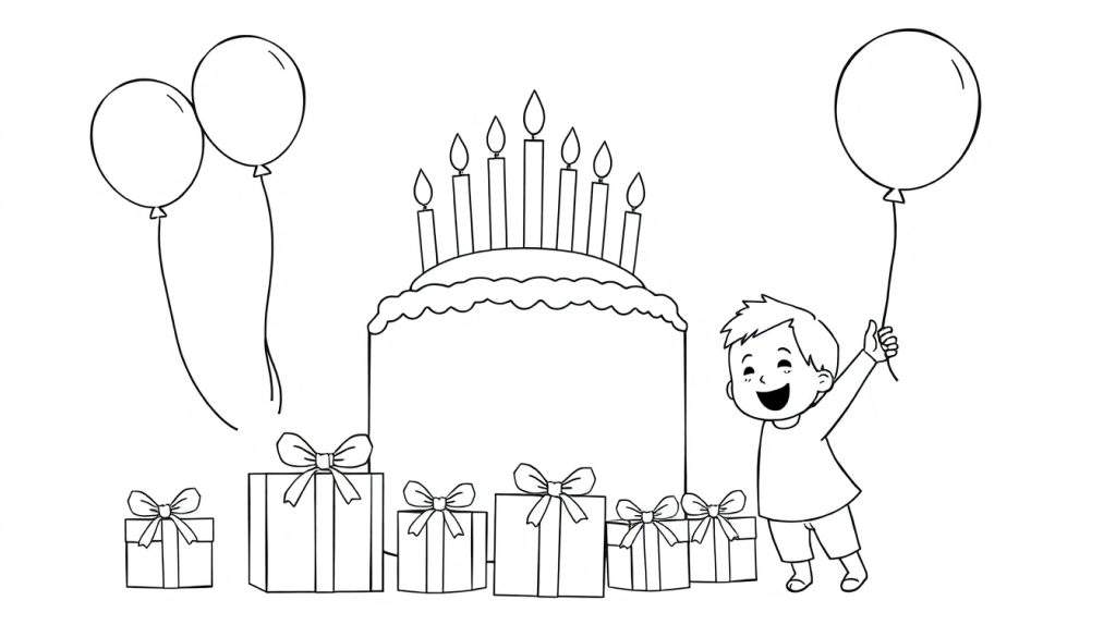A black and white color panel of a birthday party with a boy, cake, and presents.