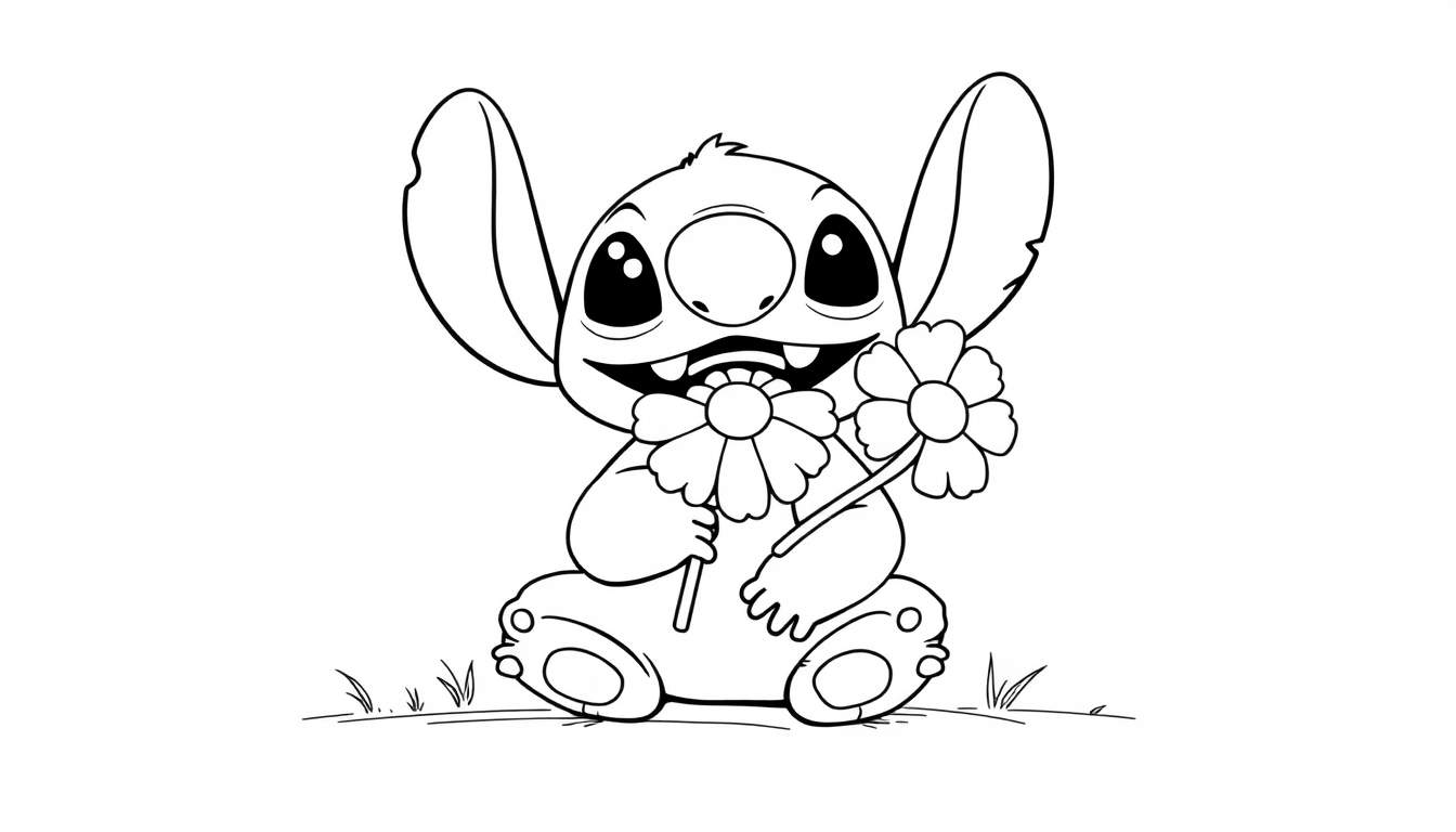 A cute Stitch with big ears and a smile, holding flowers, ready for a color panel.