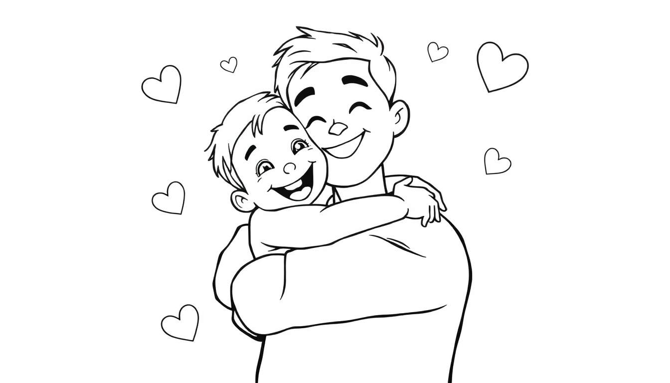 Father and son hugging, surrounded by hearts, a black and white color panel for Father's Day.