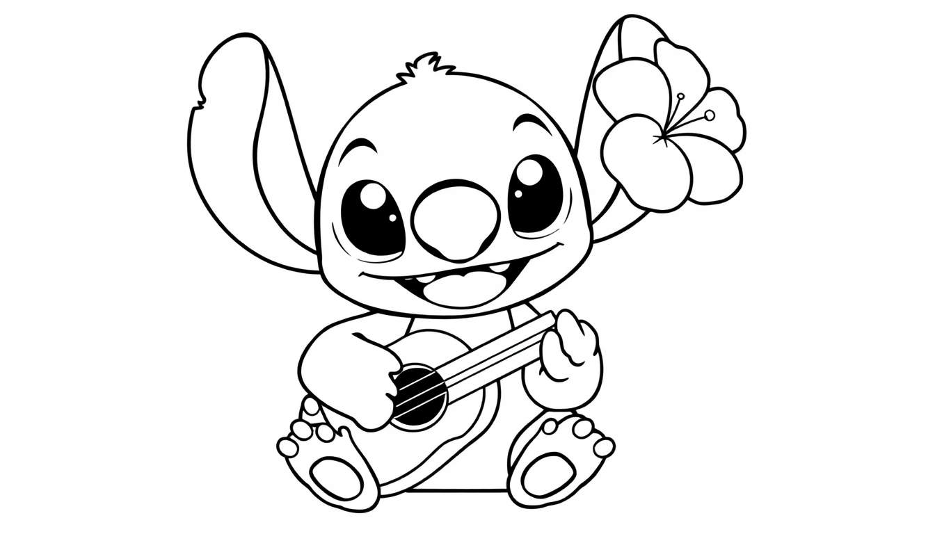 Stitch playing ukulele coloring panel with a flower.