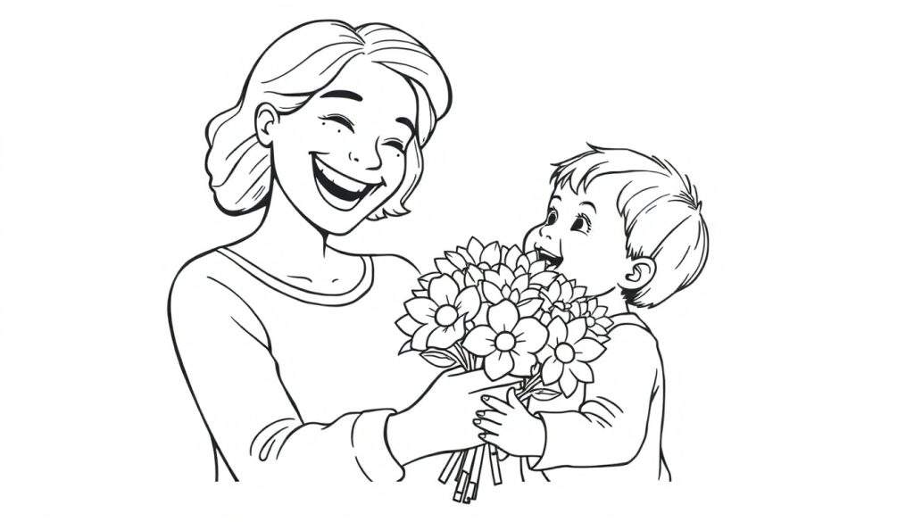 Black and white color panel of a happy mom receiving flowers from her child on Mother's Day.