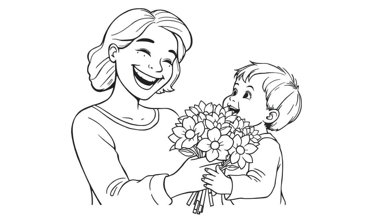 Black and white color panel of a happy mom receiving flowers from her child on Mother's Day.