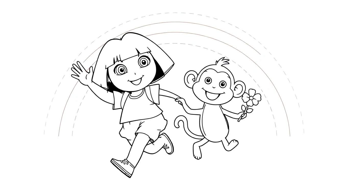 Dora the Explorer and Boots the monkey running under a rainbow.