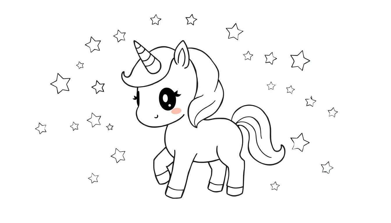 A cute black and white unicorn coloring panel surrounded by stars.