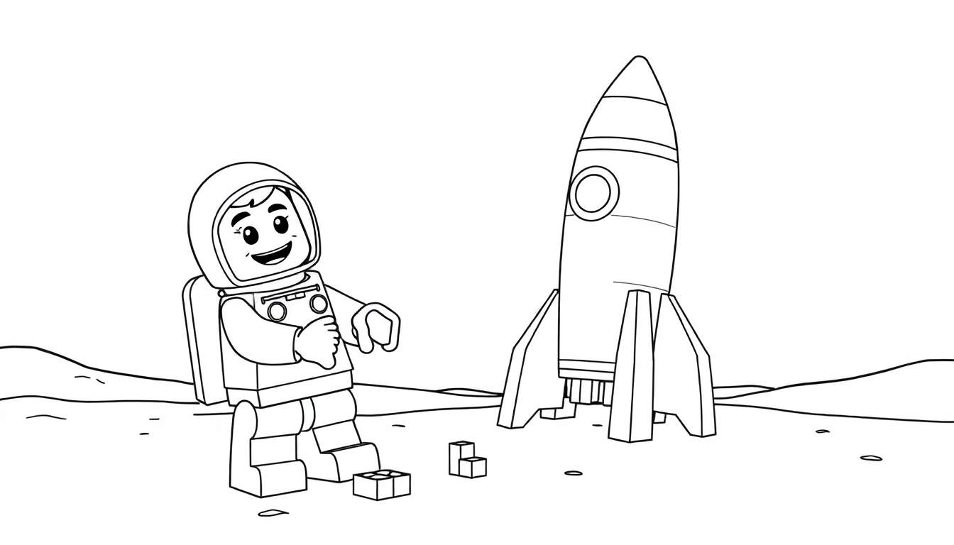 A friendly Lego astronaut smiling on the moon, next to a Lego rocket, ready for a color panel adventure.