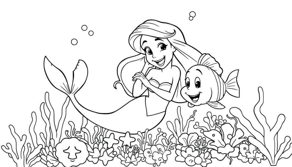 Ariel the mermaid and Flounder coloring panel.