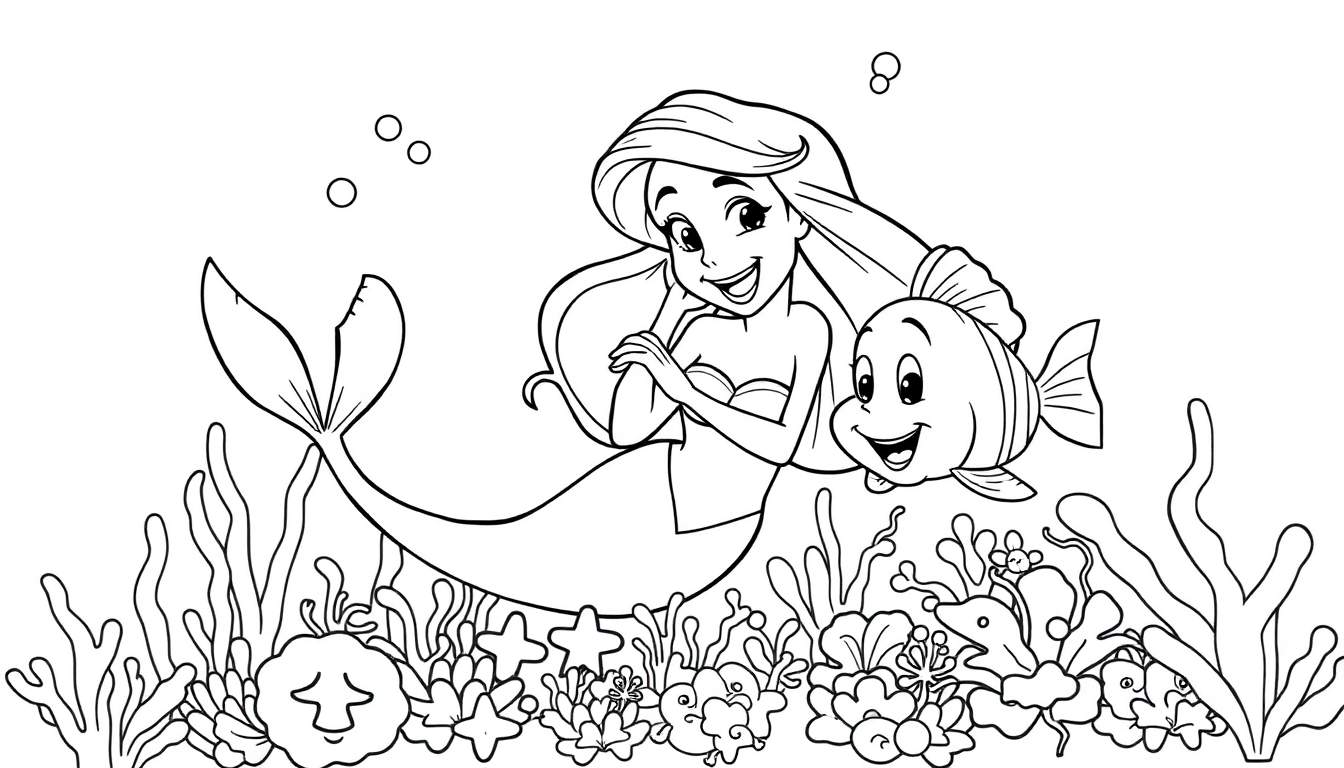 Ariel the mermaid and Flounder coloring panel.