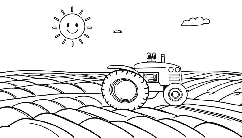 A smiling tractor in a field, ready for coloring, as a color panel.