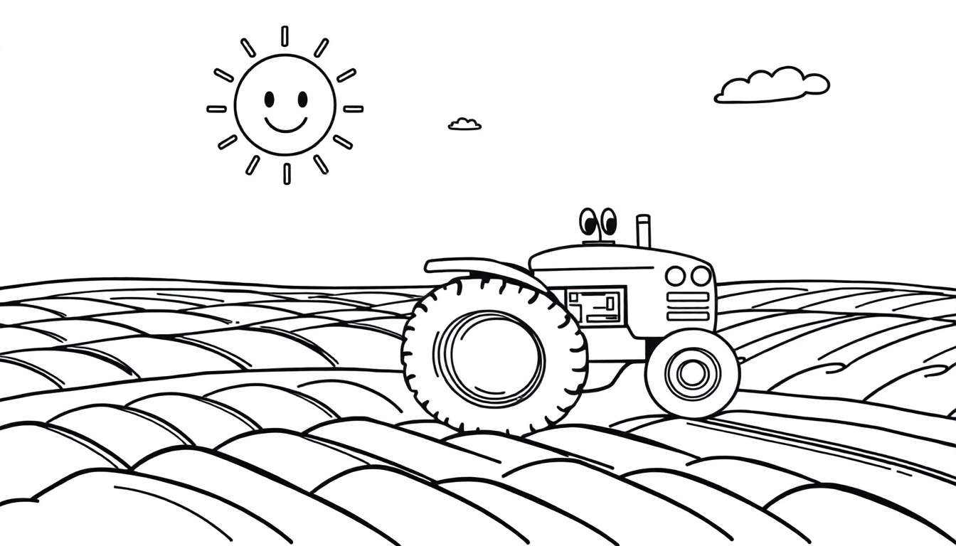 A smiling tractor in a field, ready for coloring, as a color panel.