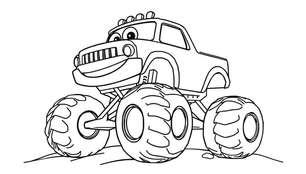 A friendly monster truck coloring panel with big smiling eyes and large tires.