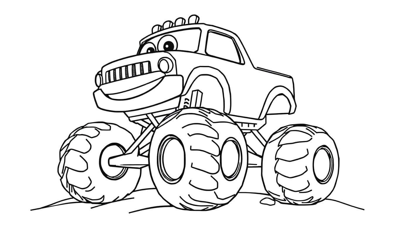 A friendly monster truck coloring panel with big smiling eyes and large tires.