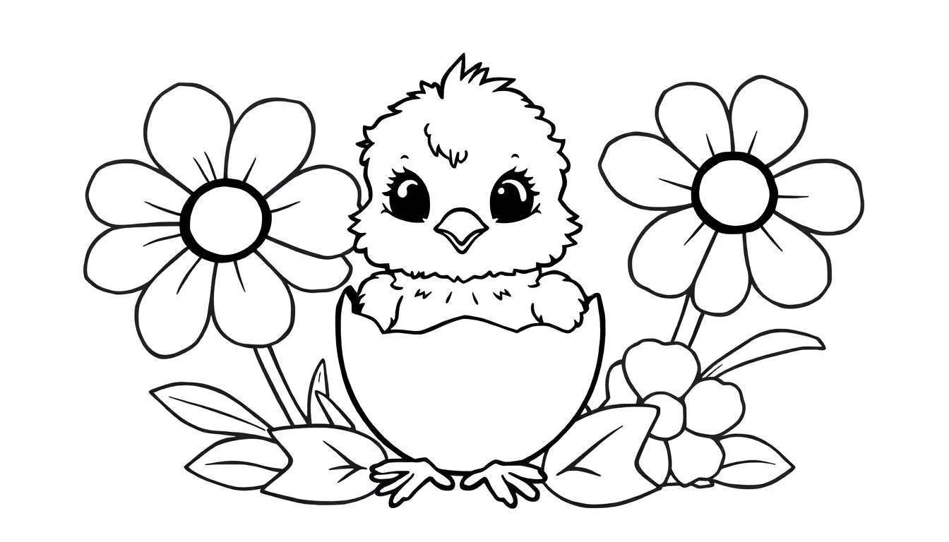 A black and white color panel illustration of a baby chick hatching from an egg, surrounded by flowers and leaves.