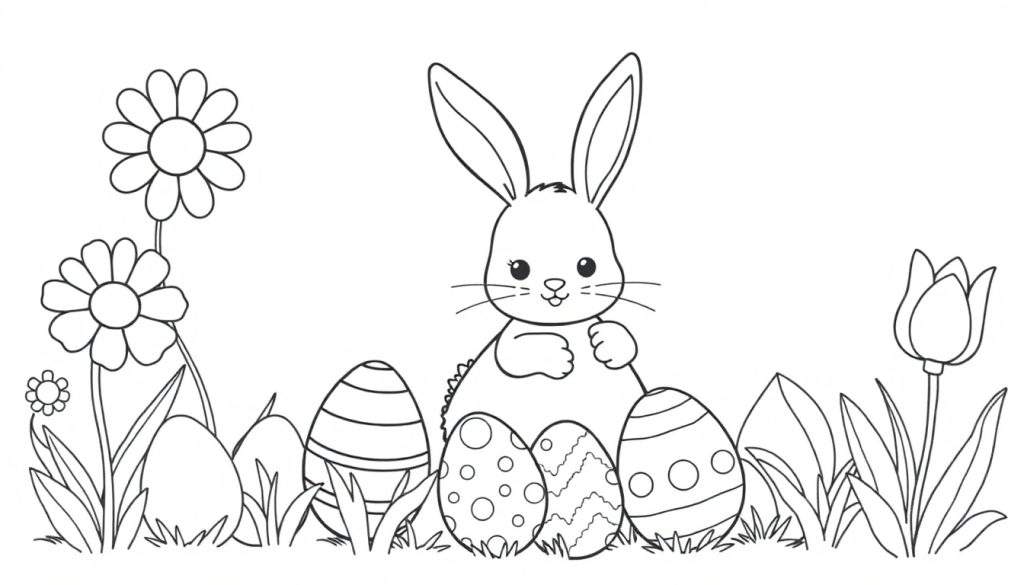 A black and white coloring panel of a cute Easter bunny surrounded by decorated eggs and flowers.