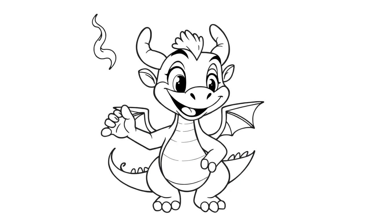 A cute cartoon dragon coloring panel, ready for color!