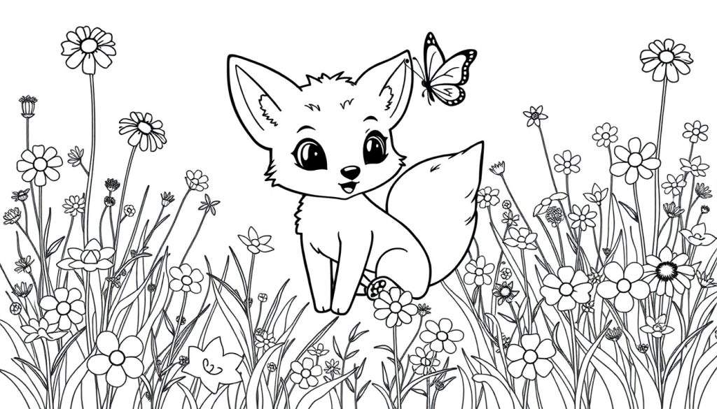 A cute baby fox sitting in a field of flowers with a butterfly on its ear, ready for a color panel.