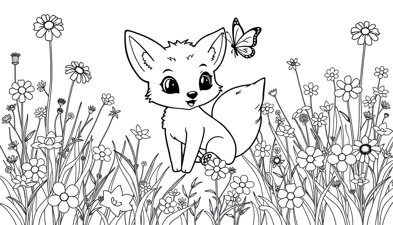 A cute baby fox sitting in a field of flowers with a butterfly on its ear, ready for a color panel.