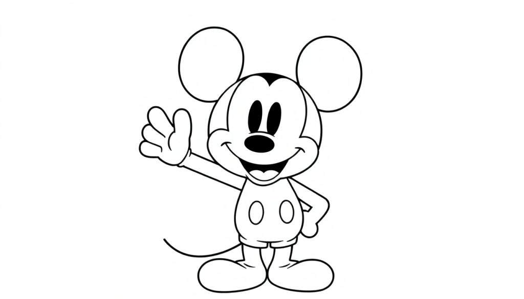 A black and white color panel of Mickey Mouse waving hello with a big smile.