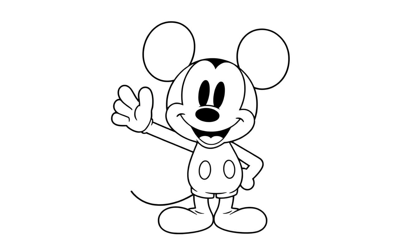 A black and white color panel of Mickey Mouse waving hello with a big smile.