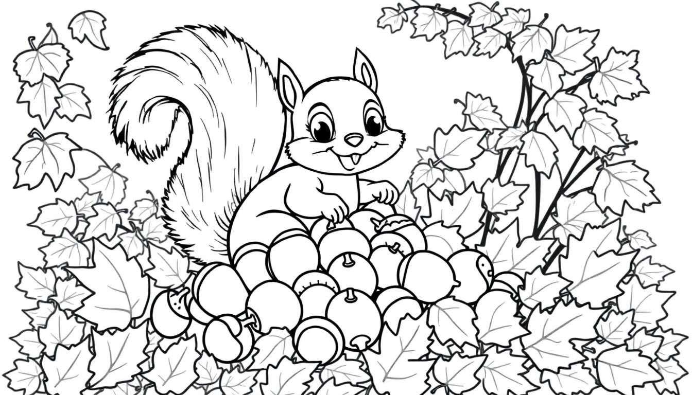 A happy squirrel in a black and white color panel surrounded by acorns and leaves.