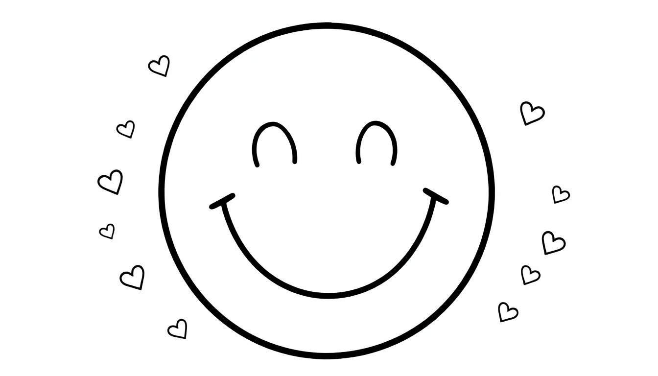 A happy black and white drawing of a face surrounded by hearts.