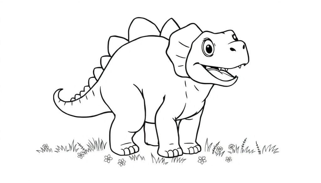 A friendly Stegosaurus in a black and white outline, ready for coloring. This color panel features grass and flowers around its feet.