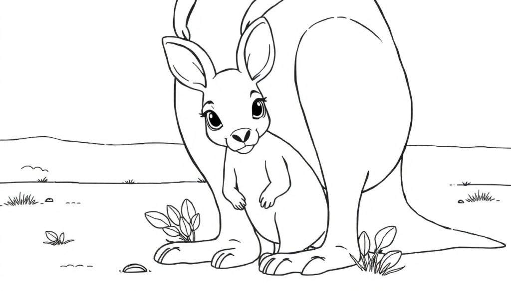 A cute kangaroo mom and joey in a black and white line drawing, ready for a color panel.