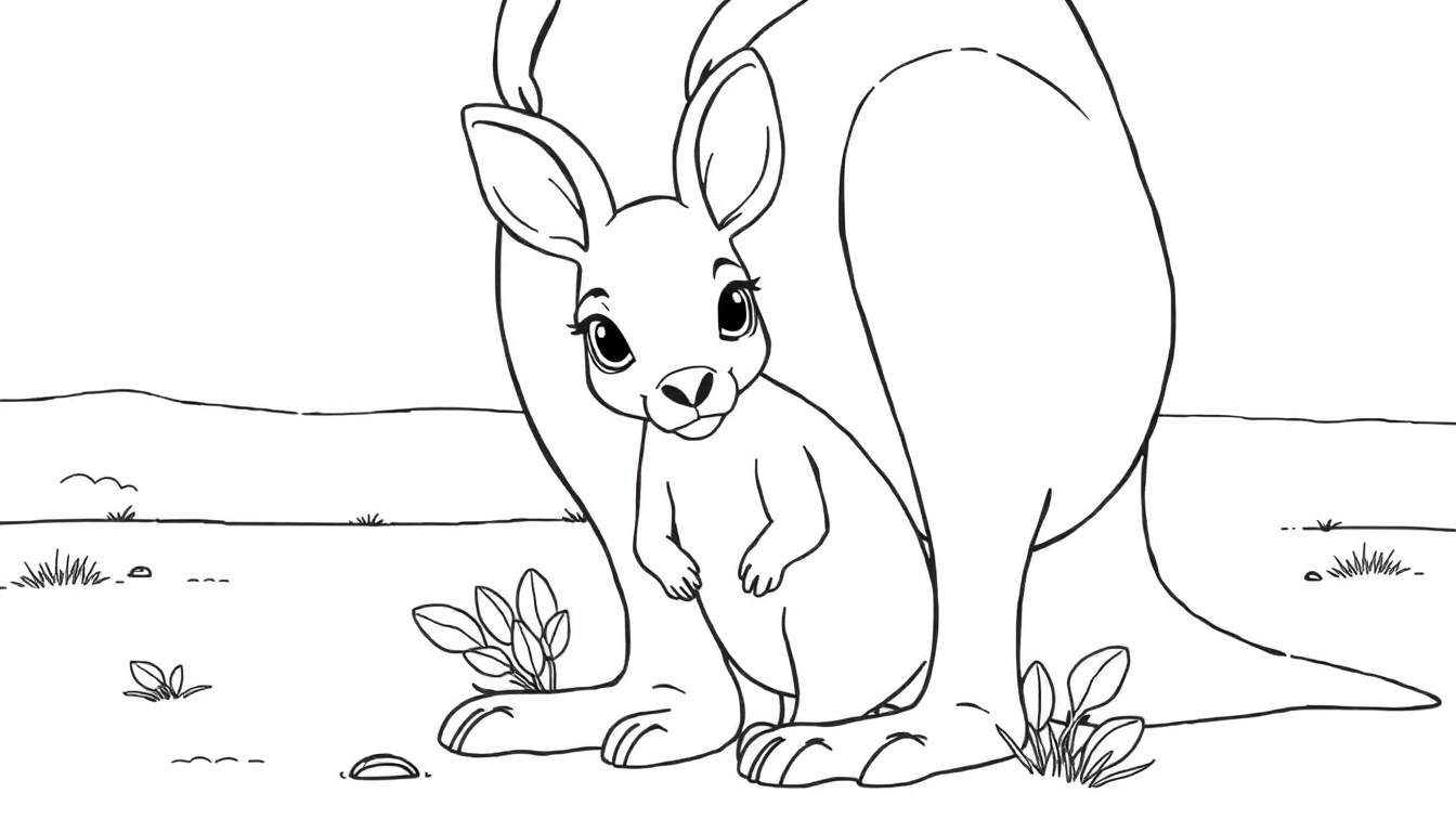 A cute kangaroo mom and joey in a black and white line drawing, ready for a color panel.