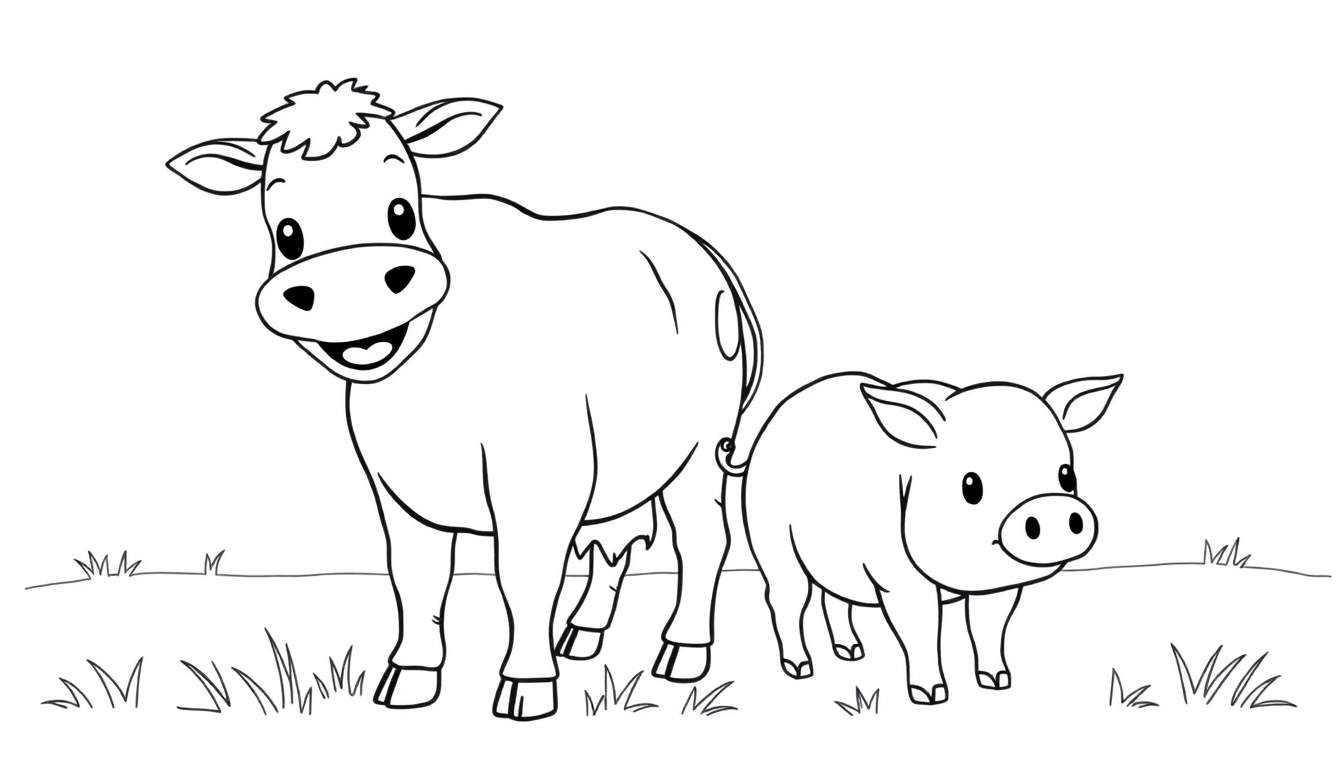 A cute black and white coloring page of a happy cow and a friendly pig on a sunny farm, part of a fun color panel.