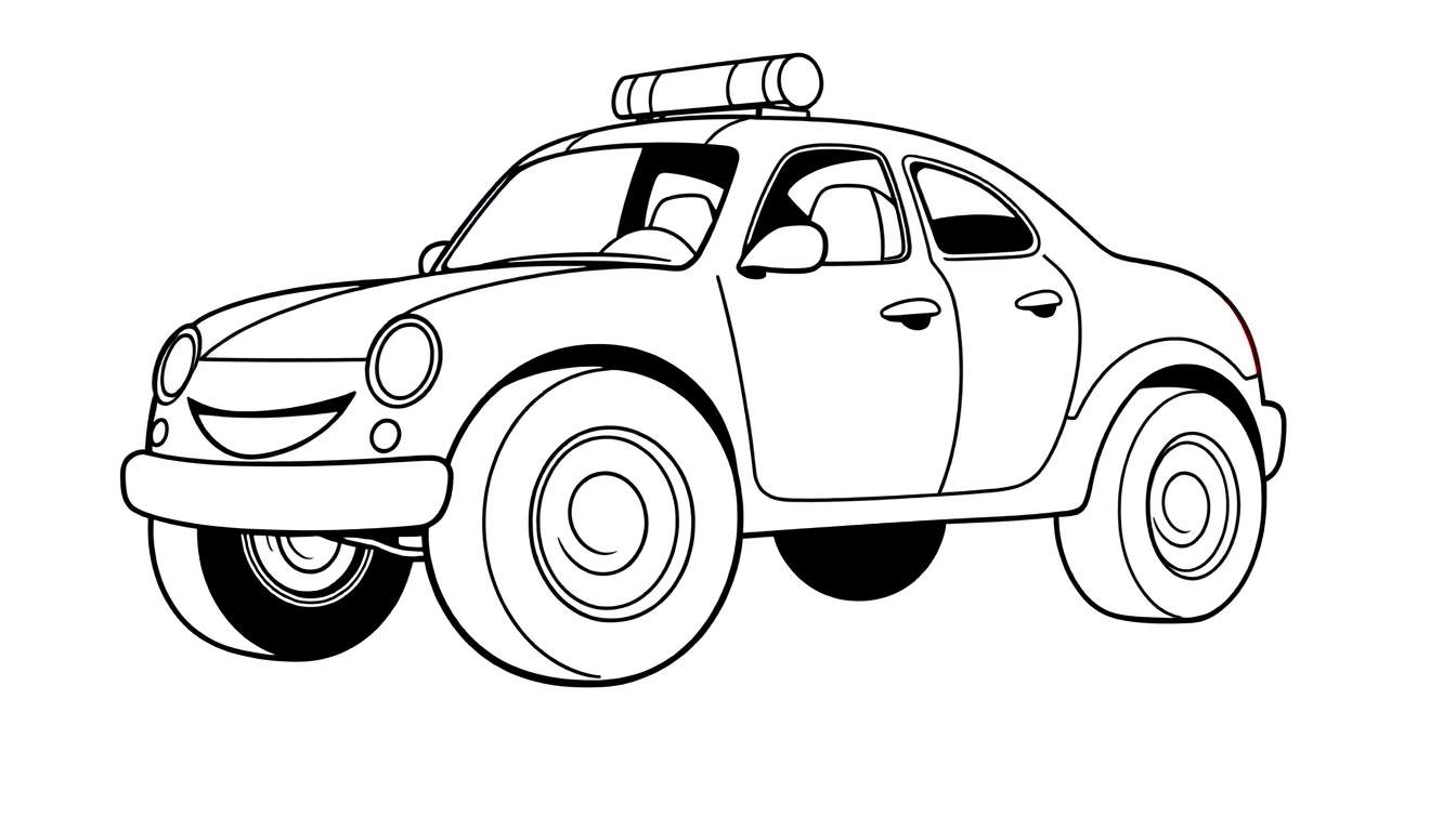 A black and white cartoon police car with a smiling face, ready for coloring on a color panel.