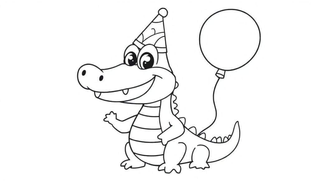 A friendly crocodile in a black and white color panel, wearing a party hat and holding a balloon.