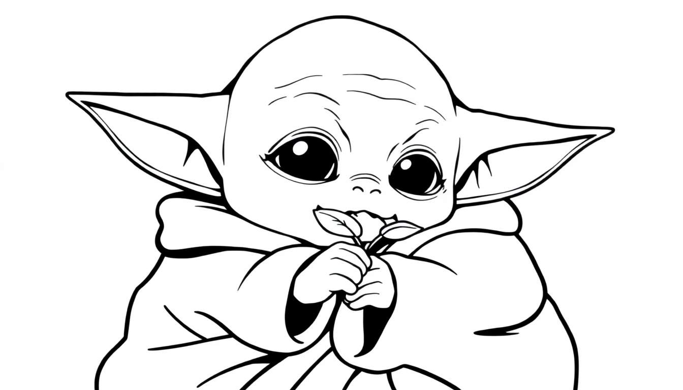 A cute Baby Yoda in a cozy robe, holding a tiny sprout. Simple black and white lines for a coloring panel.