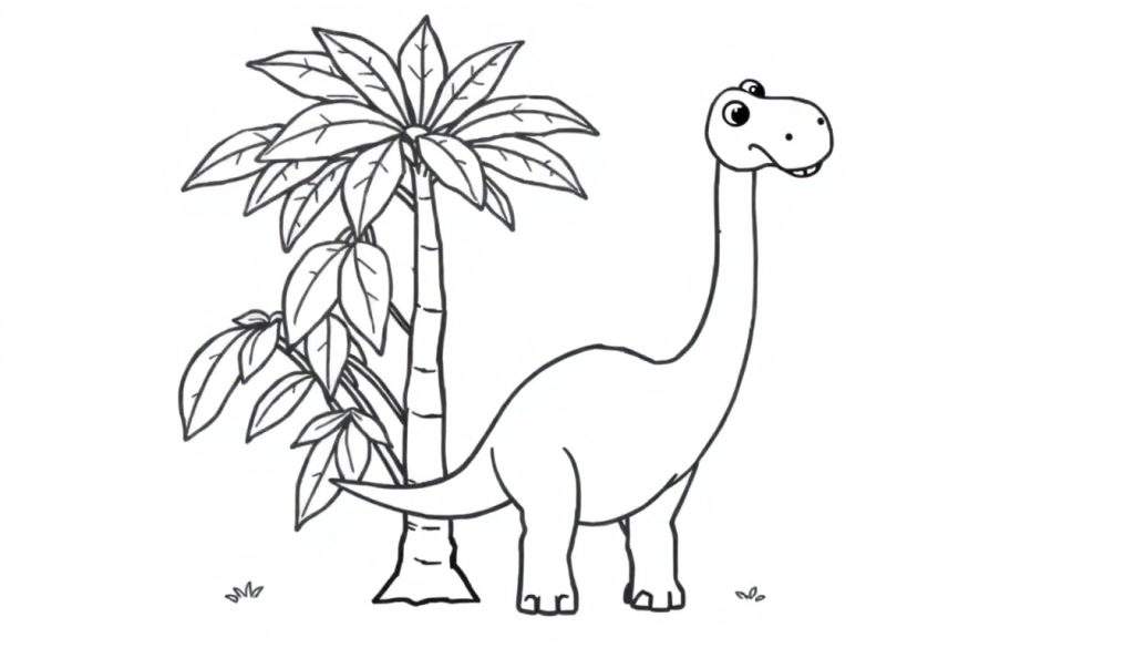 A friendly Brachiosaurus coloring panel next to a palm tree.