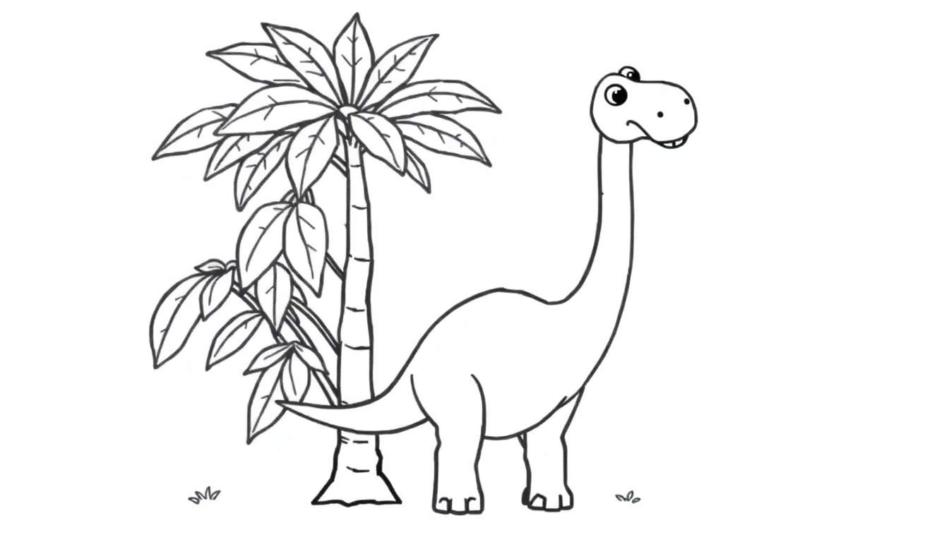 A friendly Brachiosaurus coloring panel next to a palm tree.