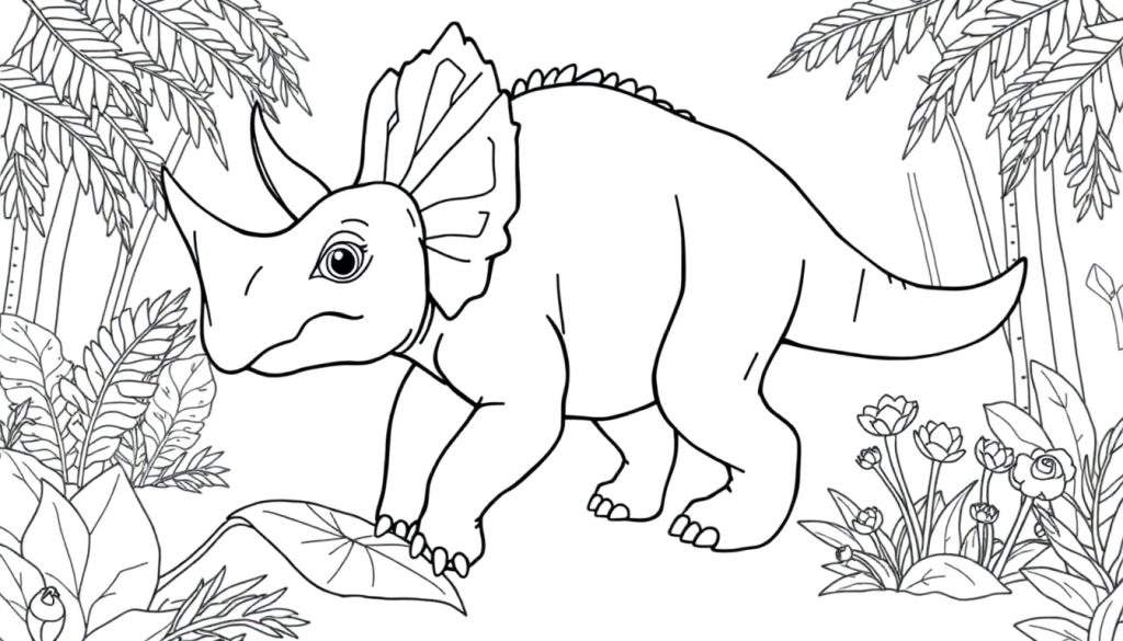 A friendly Triceratops in a black and white line art color panel, walking through a jungle with big horns and lots of plants.